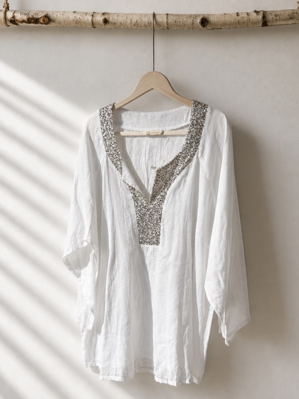 Soft Surroundings white gauze tunic boho lagenlook sequin beach top Cover Up 3X